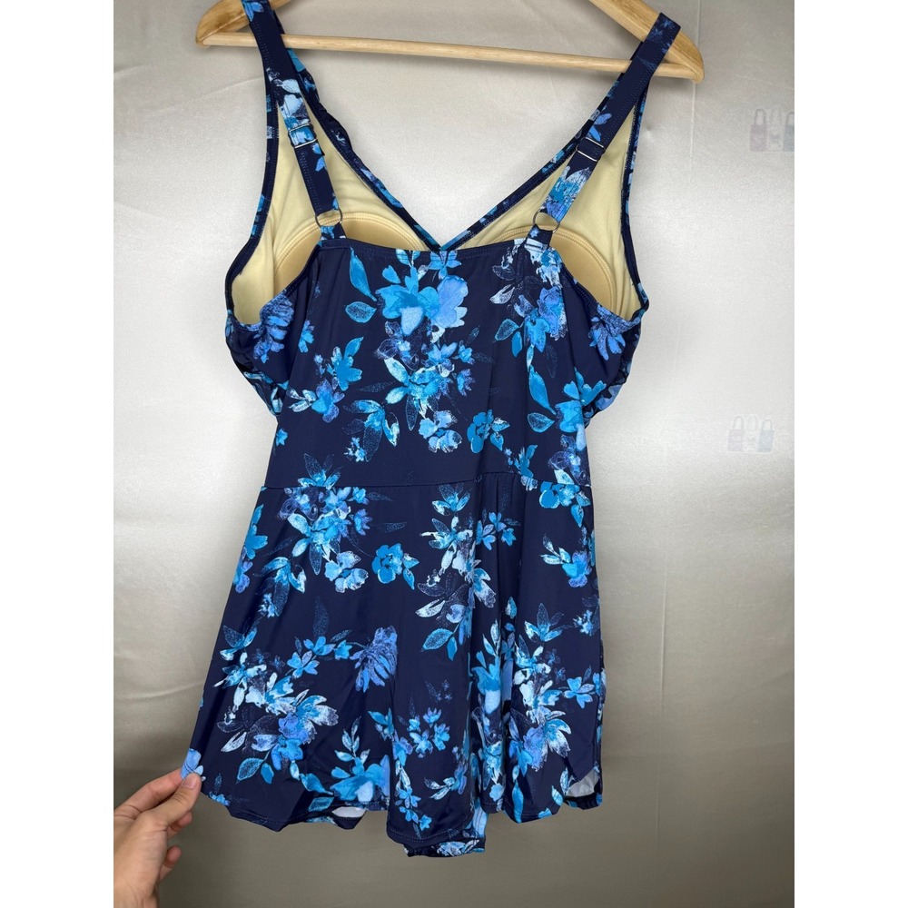 Denim & Co. Beach Ruffle Trim V-Neck Swim Dress Navy Floral, Reg 16 - Picture 7 of 8